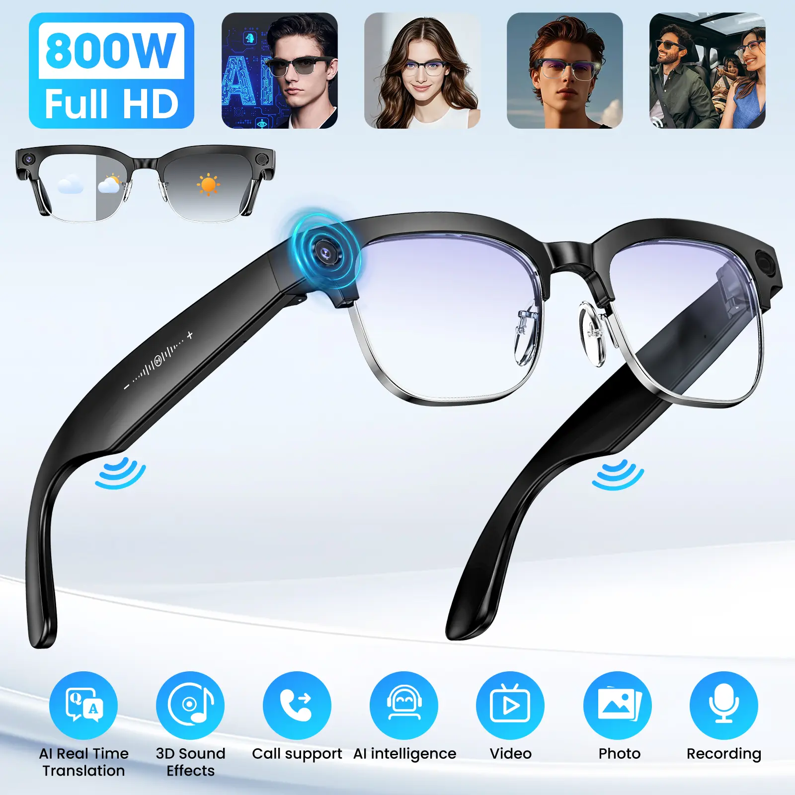 Smart AI Camera Glasses with Photochromic Lenses,  8MP Anti-Shake Camera Glasses, 290mAh, BT Call, 4K HD Camera with Video Recording Dual Mic, IP66, Simultaneous Interpretation/GPT Identify Objects.