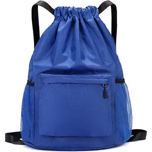 Drawstring Backpack, Gym Bag with Water Bottle Pocket,  String Backpack for Soccer, Basketball, Swim for Women Men (Blue