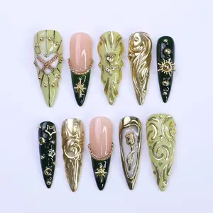 Luxury Green & Gold Press-On Nails with Baroque Swirl, Star, Moon Designs | Long Almond Fake Nails | Handmade Nail Art for Events or Gifts