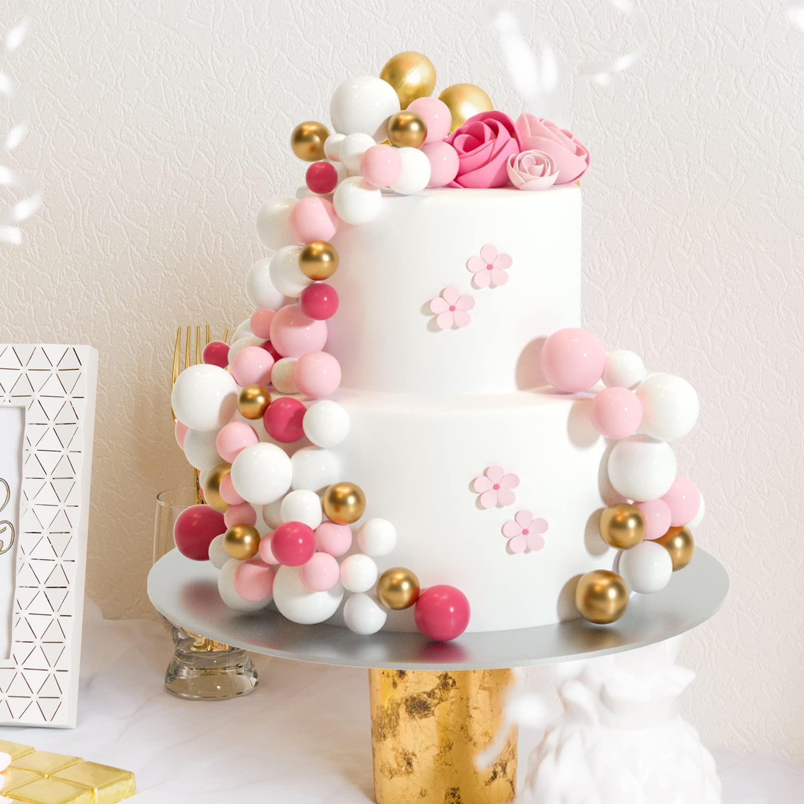 32 Pcs Ball Cake Topper Decorations Mini Balloons Cake Topper Sticks Foam Balls Cake Picks Cake Topper Balls Cake Decorations for Wedding Party Birthday Cake Decorating (Pink Gold)
