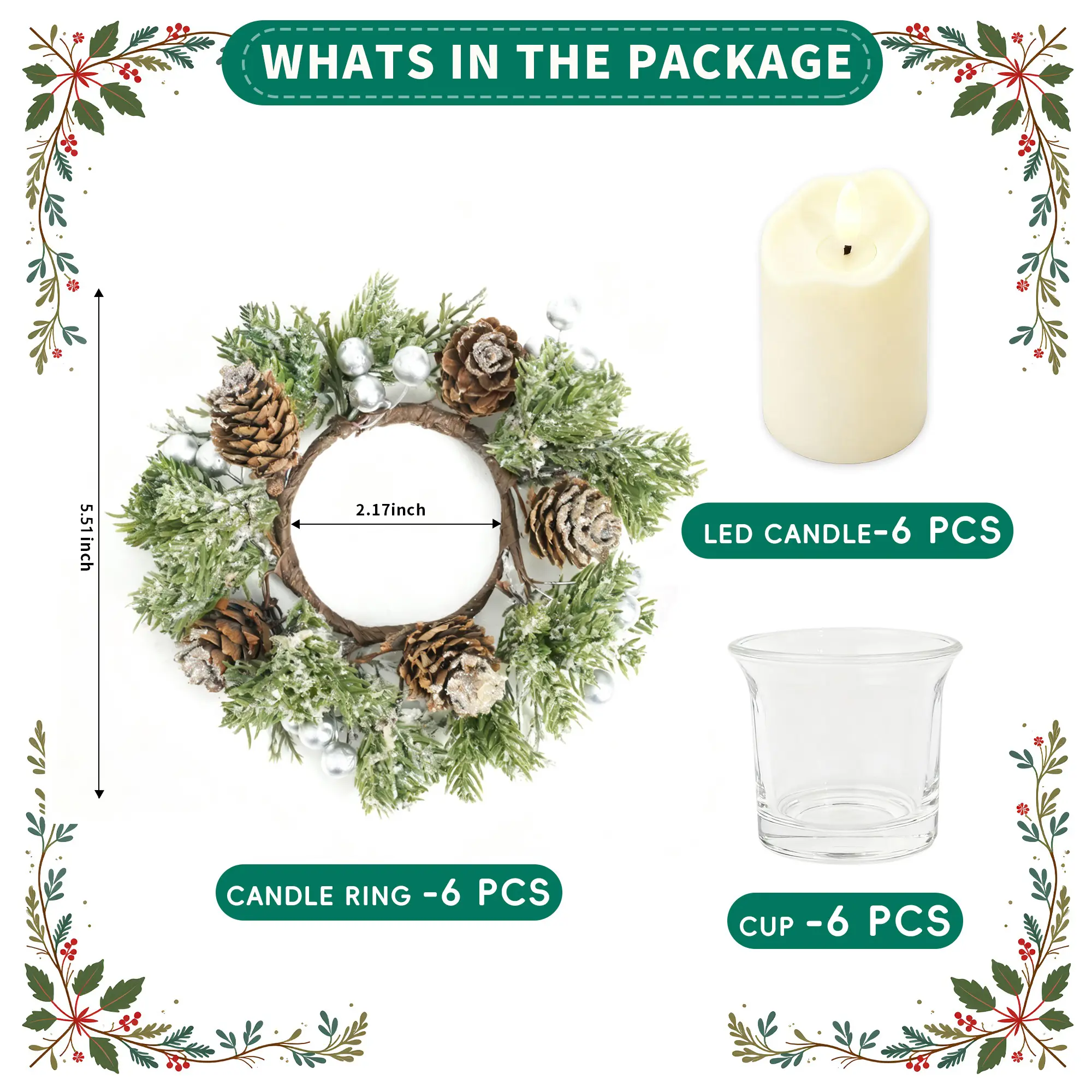 Christmas Candle Rings with Flameless Candles - 6PCS Artificial Pinecones Small Wreaths LED Candles Set for Christmas Table Centerpieces Festival Winter Home Wedding