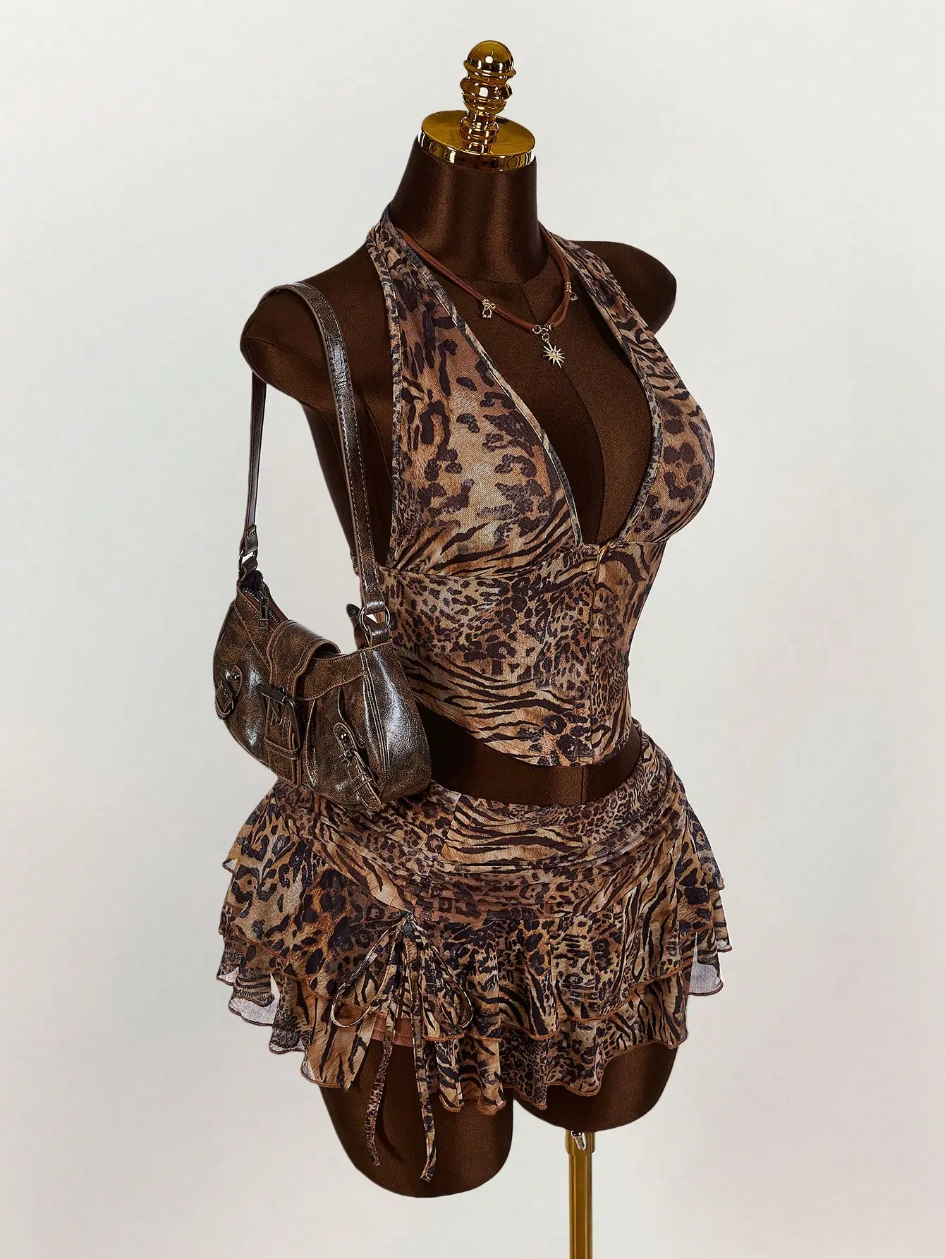 Women's Leopard Print Halter Crop Top & Low Waist Skirt 2-Piece Set, Backless Design, Chic Feminine Silhouette, Summer Beach Vacation & Party Outfit Bag Cami