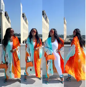 RESTOCKED Grenada Satin Open Front Kimono Long Kimono - Vivid Orange and Turquoise Blend Ships 12/2