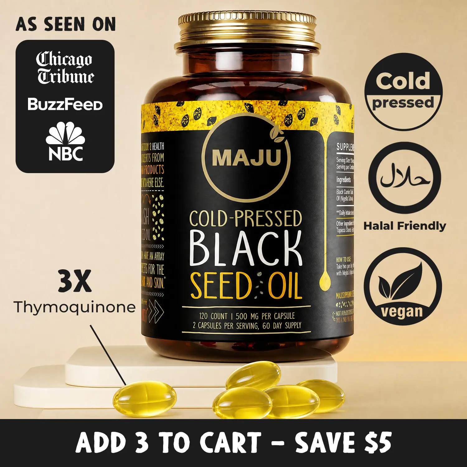 MAJU Black Seed Oil Capsules (120ct) - High Thymoquinone, Vitamin Supplement, Edible Dietary Healthcare Fitness Optimum Support