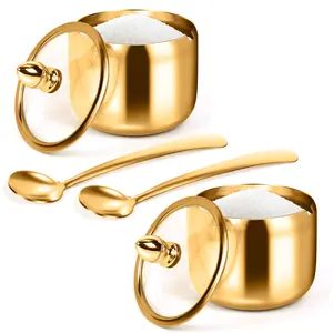 2Pcs Sugar Container with Glass Lid and Spoon - 10oz Gold Sugar Bowl for Coffee Bar Station Accessories Kitchen Storage for Salt, Candy, Coffee Bean