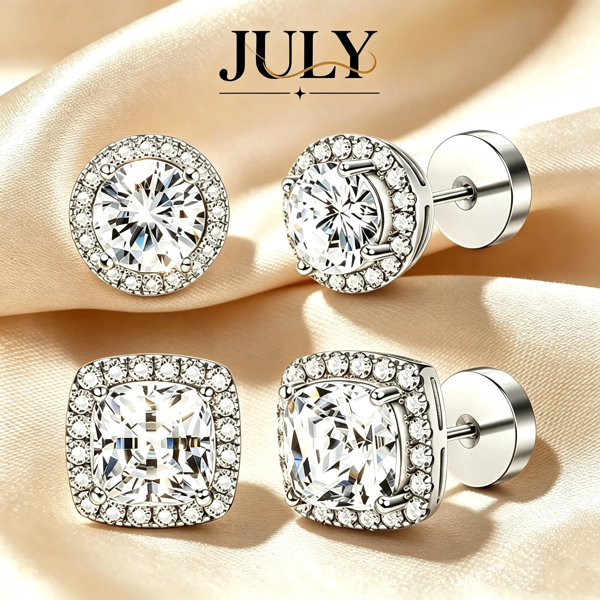 Women's JULY 4-Piece Halo Zircon Stud Earring Set - Gold/Silver 2-Tone, Round/Square Styles, Hypoallergenic Material, Includes Ear Backs & Exquisite Jewelry Box, Ideal Gift for Her, summerwins, summeroutfits
