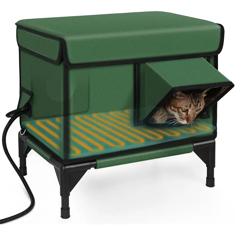 Heated Cat House for Outside, Insulated Weatherproof Heated Outdoor Cat House with Waterproof Eaves & Escape Door, Elevated Outdoor Cat Shelter with Heater for Feral Stray Barn Cat