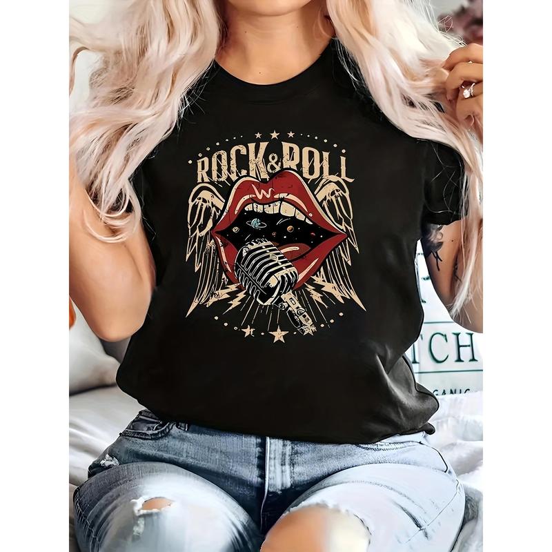 Women's Cotton Black Rock & Roll Graphic Print T-Shirt 180g Short Sleeve Round Neck Casual Summer Tee Retro Winged Microphone Lips Design Fashionable Music Lover's Concert Outfit Trendy Lightweight Breathable Comfy Top Plus  Womenswear Crewneck