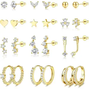 Shining 12 Pairs Golden Hoop Earrings for Women Men Retro Copper Stainless Steel Small Huggie Hoop Earrings for Multiple Piercings Trendy Sparkling CZ Cartilage Stud Earrings Set