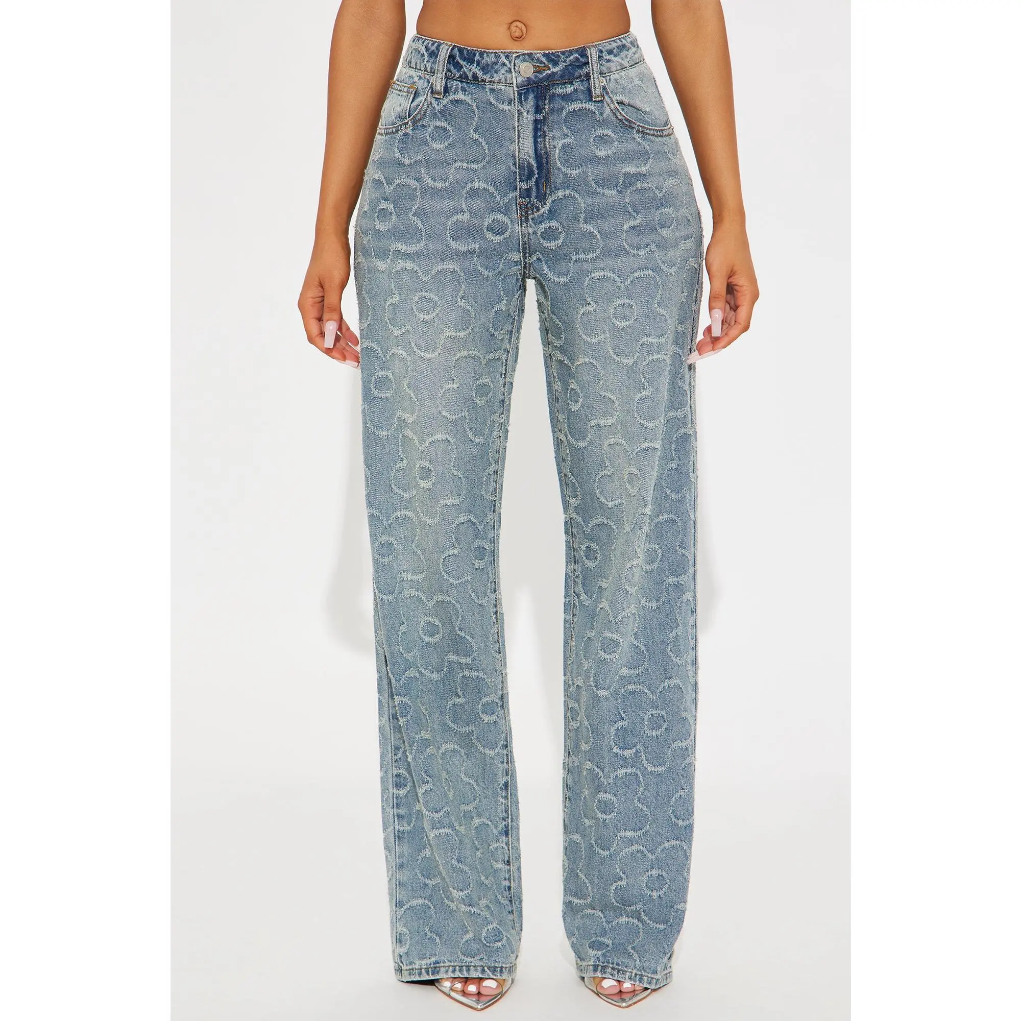 Flower Power Jacquard Wide Leg Jeans - Medium Wash