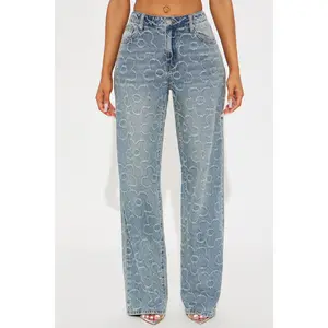 Flower Power Jacquard Wide Leg Jeans - Medium Wash