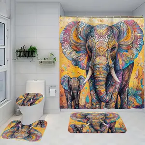 1/4 piece artistic elephant pattern design bathroom set, including soft floor mats, toilet seat cushions, shower curtains, creating elegant decoration, home decor, floor mats with good rebound, water absorption, anti slip, preferred for gift giving