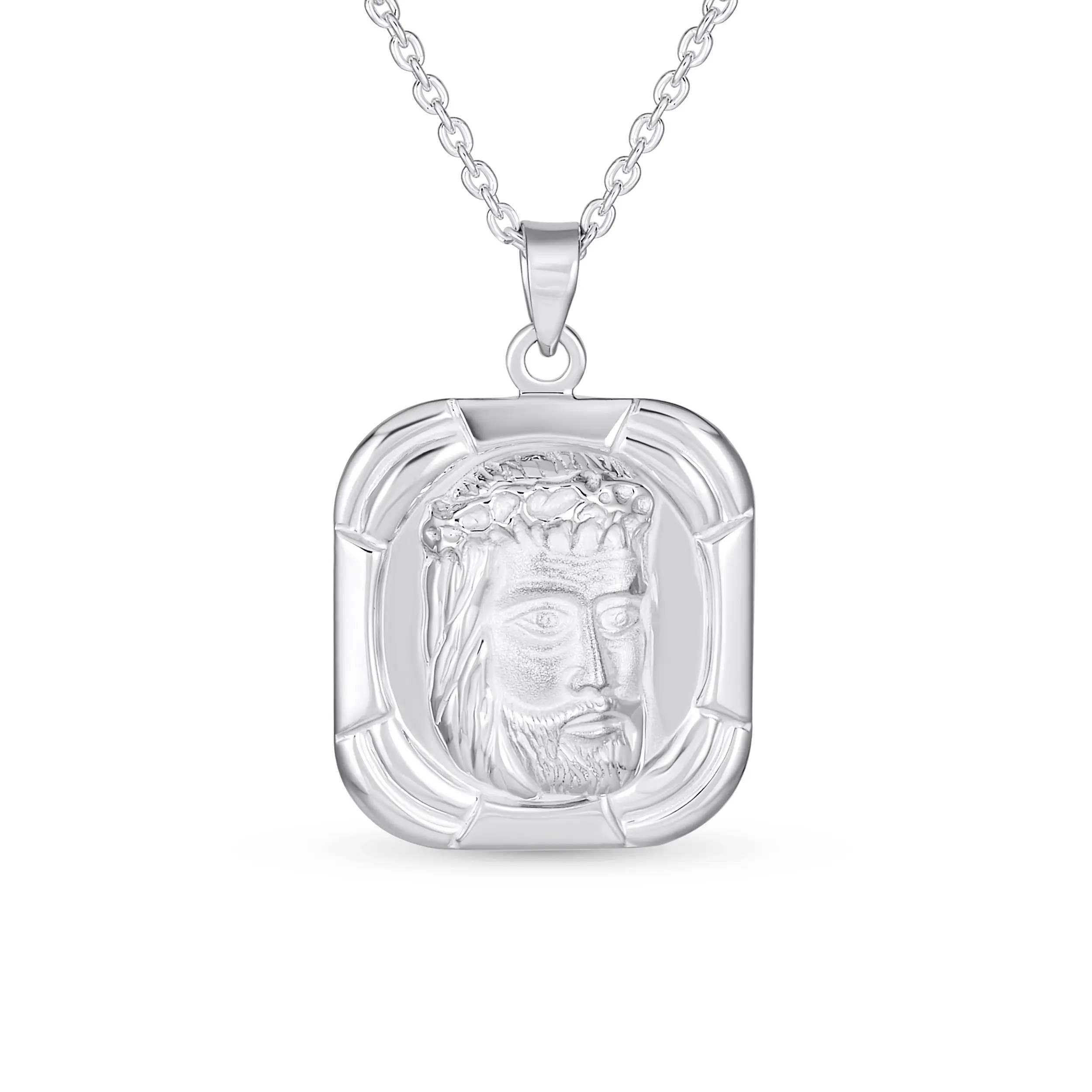 Religious Face of Jesus Pendant Necklace Medallion Dog Tag .925 Sterling Silver