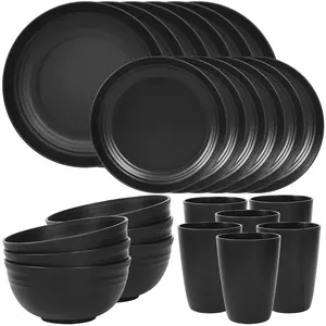 24 Piece Plates and Bowls Sets for 6, Unbreakable Dinnerware Sets, Plastic Dish Set for Camping, Dishwasher Microwave Safe, Outdoor Kitchen and Apartment Dinning RV Essentials, Black