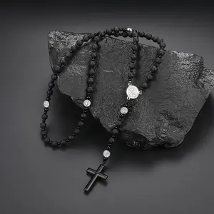 New Black Volcanic Rock Black Gallstone Alloy St. Benedict Religious Men's Original Stone Cross Rosary Necklace Byzantine Chain
