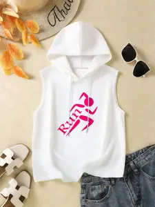 Women's Sleeveless Hooded Sporty Vest with Print Design, Stylish, Casual and Versatile for Summer Fitness and Outdoor Activities Womenswear