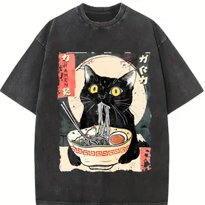 Women's Cat & Ramen Noodles Print Round Neck Tee, Fashion Casual Printed Crew Neck Short Sleeve T-Shirt for Daily Holiday Vacation Outdoor Wear, Ladies Clothes for Summer