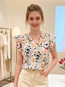 Elegant Flutter Sleeve Floral Print Blouse | Flattering V-Neck Button-Down Shirt | Slimming Fitted Summer Top for Chic Daily Wear