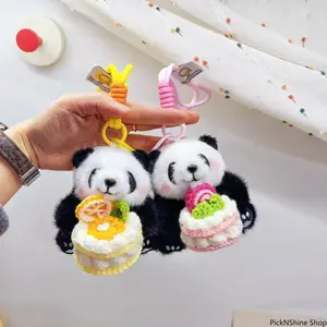 Handmade Crochet Panda Holding Cake Pendant, Simulated Chengdu Panda Plush Doll, Cute Flower Panda Keychain Bag Charm For Decor And Gift
