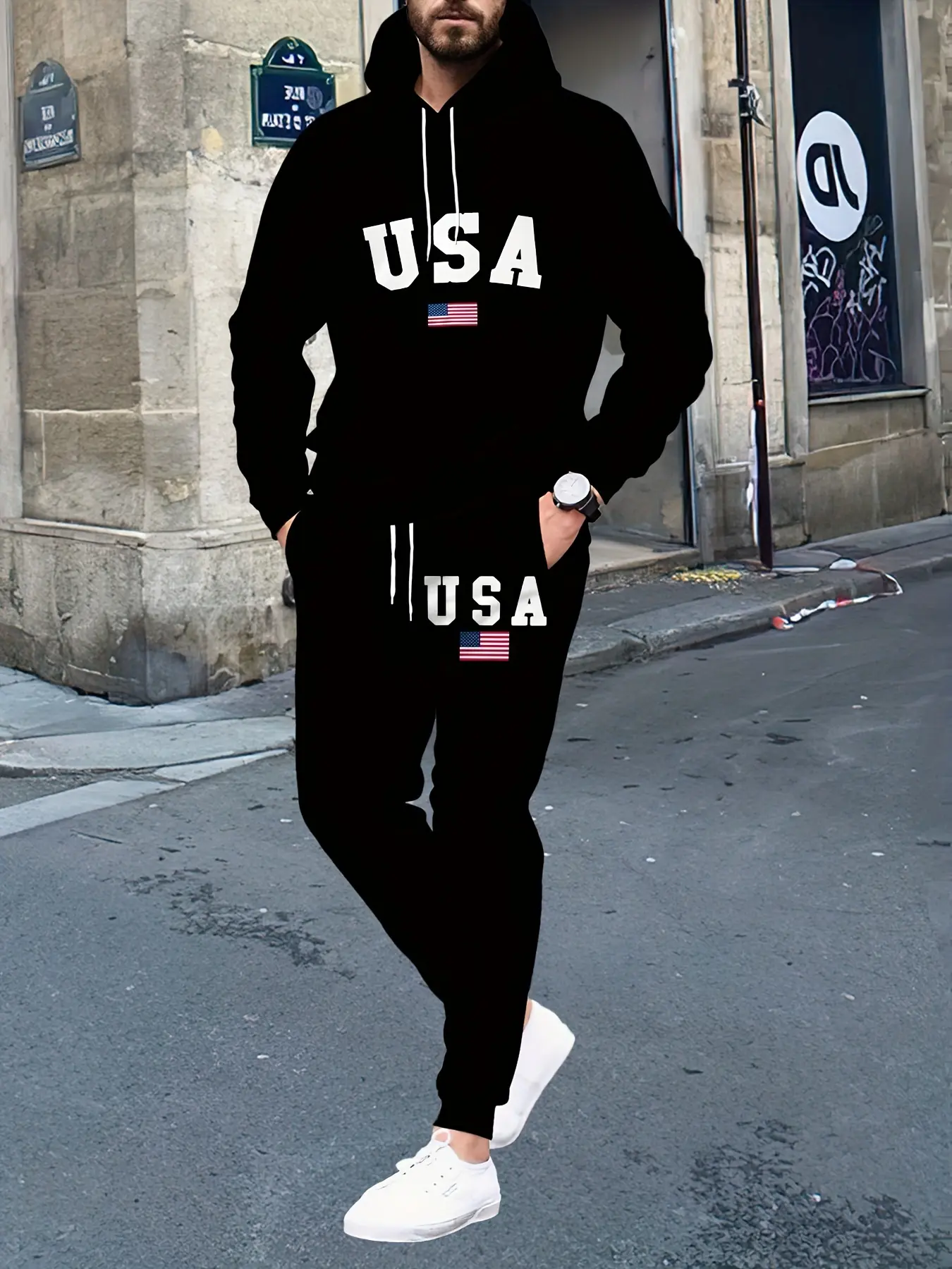 Men's casual 2-piece set, multi-functional fashion long-sleeved street casual sports hoodie with kangaroo pocket, sweater and sweatpants two-piece set, suitable for autumn and winter outdoor sports, Athleisure Sweatsuit