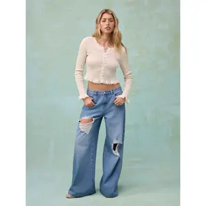 Cider Cider Denim Low Rise Cut Out Ripped Wide Leg Jeans