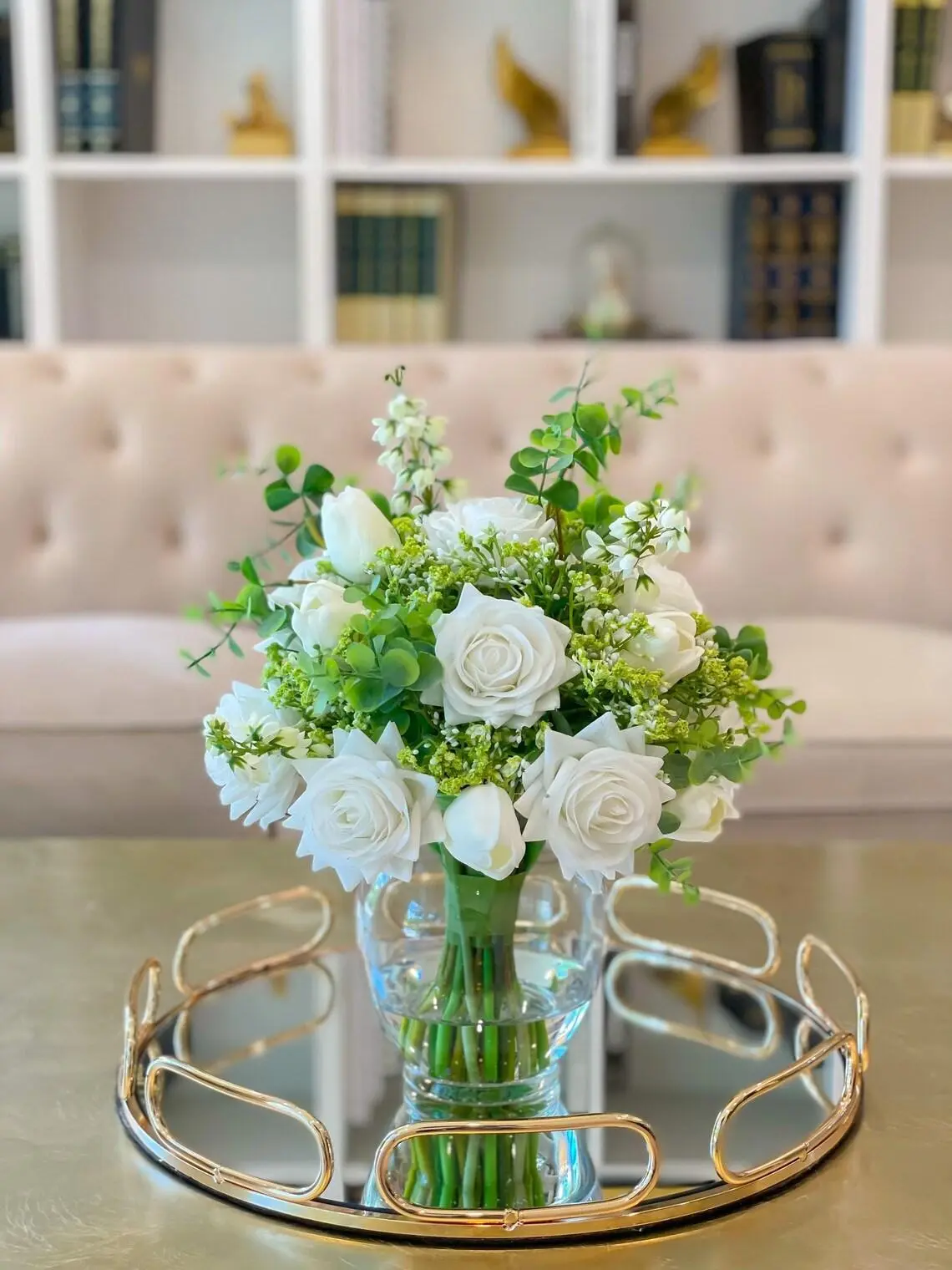 White Real Touch Roses Centerpiece