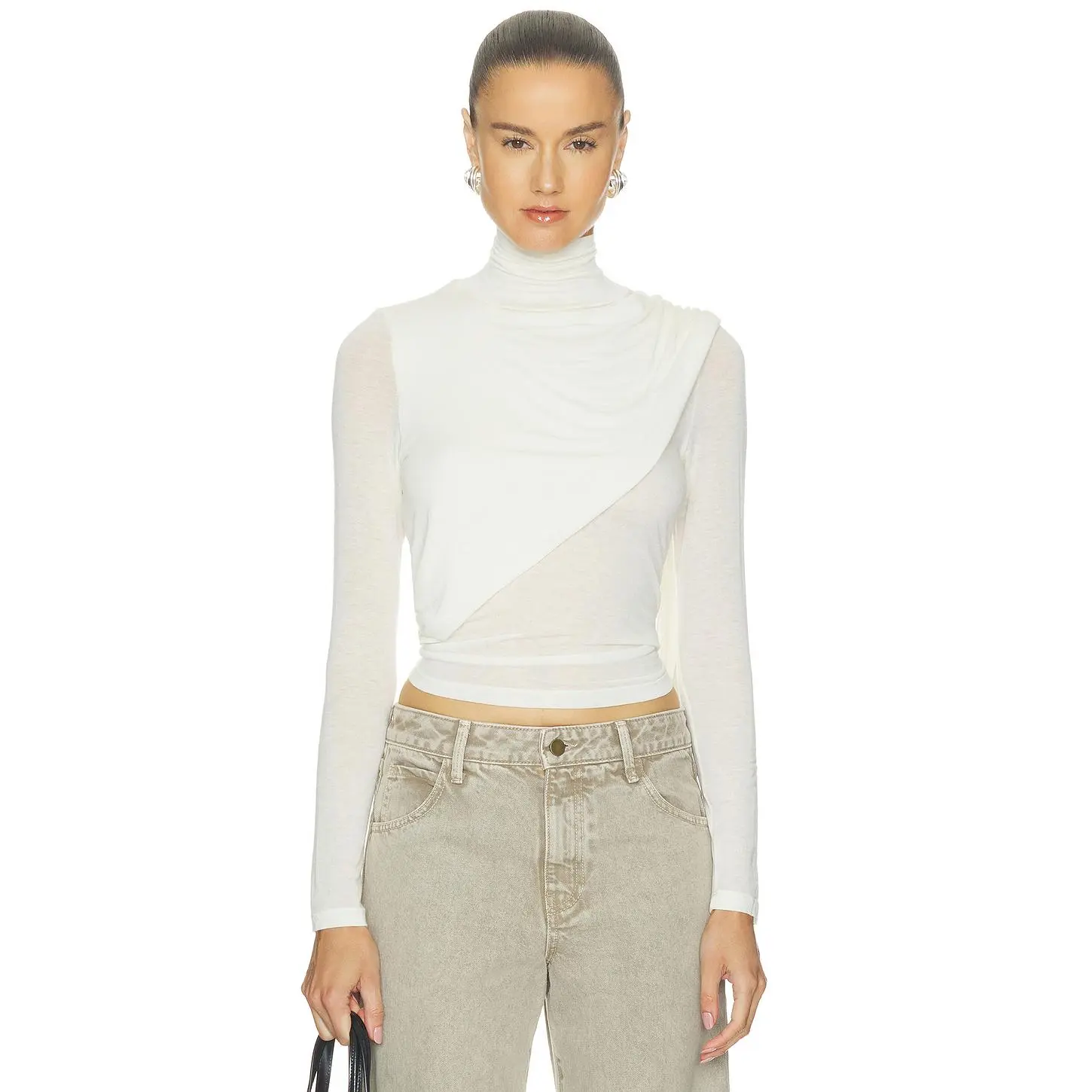Enza Costa Sheer Cashmere Jersey Bandana Turtleneck Top in Off White