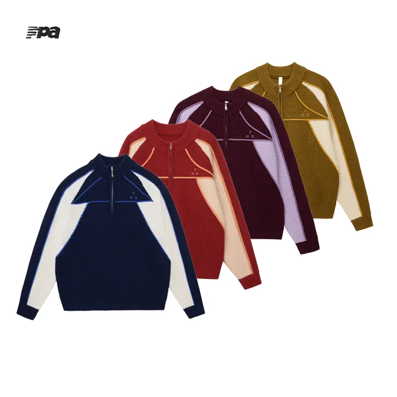 FPA Half‑Zip Pullover Sweater, Y2K Color‑Block Spliced Knit Jumper, Oversized Unisex Vintage Street‑Style Outdoor Loop‑Knit Pullover for Autumn