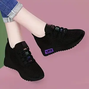 Women’s Breathable Knit Wedge Sneakers – Comfortable Height Boost, Non-Slip Soft Sole, Black with Colorful Accents, Casual, Footwear, Walking Shoes, Closed Toe, Trainer, Runner, Sports Shoes, Athletic, Girls, Training