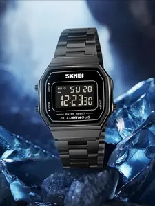 Skmei Digital Wristwatch, Stainless Steel Band, Square Dial, Electronic Movement, Buckle Closure, All Seasons Wear