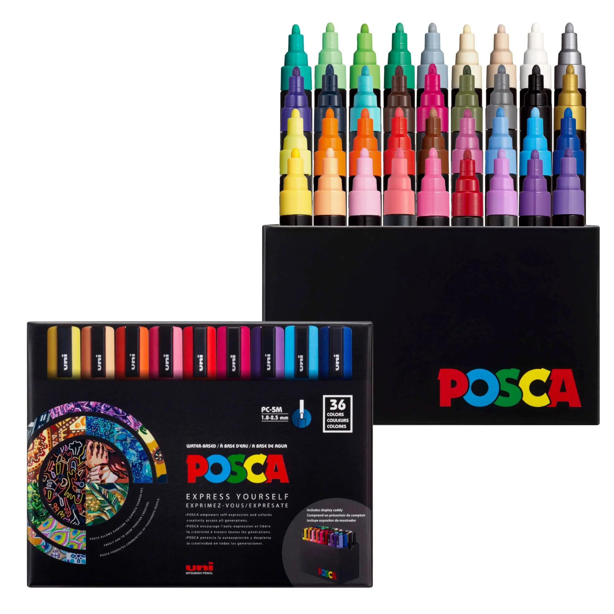 POSCA® PC-5M Water-Based Paint Markers - Medium Point (1.8-2.5mm) Art Pens with Display Caddy, Assorted Colors for Doodle Art, Craft Projects, Ceramic Surfaces