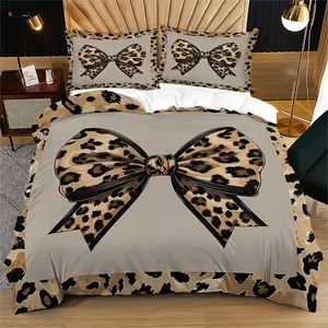 Leopard Print Bow Pattern Decorative Duvet Cover Set, Soft And Durable Bedding Set, Including 1 Duvet Cover And 1 Or 2 Pillowcases, Without Cotton Core, Suitable For Children And Adults Daily Holiday Birthday Gifts, Bedroom Decorations