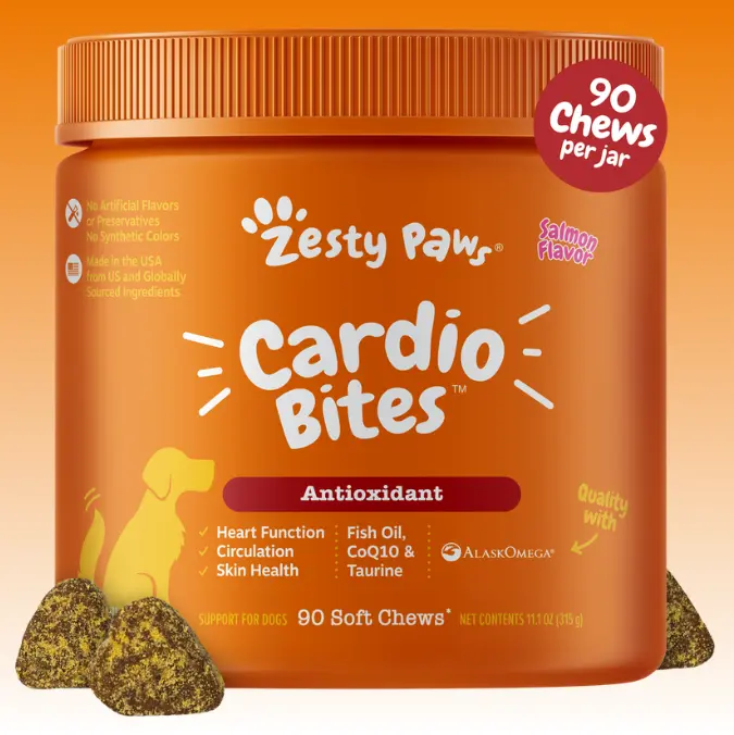 Zesty Paws Cardio Bites for Dogs, Cardiovascular Health and Circulation Support Supplement for Dogs, Omega 3 Fatty Acid Fish Oil Soft Chew Pet Treats