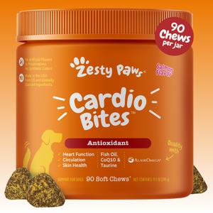 Zesty Paws Cardio Bites for Dogs, Cardiovascular Health and Circulation Support Supplement for Dogs, Omega 3 Fatty Acid Fish Oil Soft Chew Pet Treats