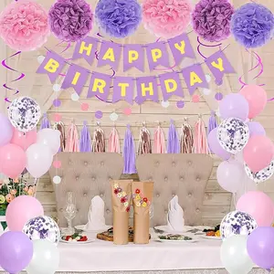 Purple Pink Birthday Party Decorations for Women Girls with Happy Birthday Banner,Hanging Swirls,Tissue Paper Pompoms,Circle Dots Garland,Tassel Garland Purple Birthday Balloons