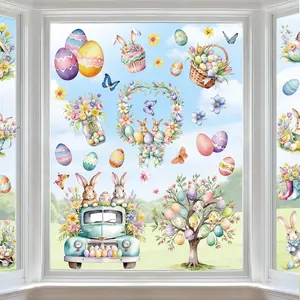 9 Sheets Easter Window Clings for Glass Windows - Watercolor Bunny & Egg Holiday Window Stickers - Spring Decorations for Home, Office & Classroom - Double-Sided Static Decals