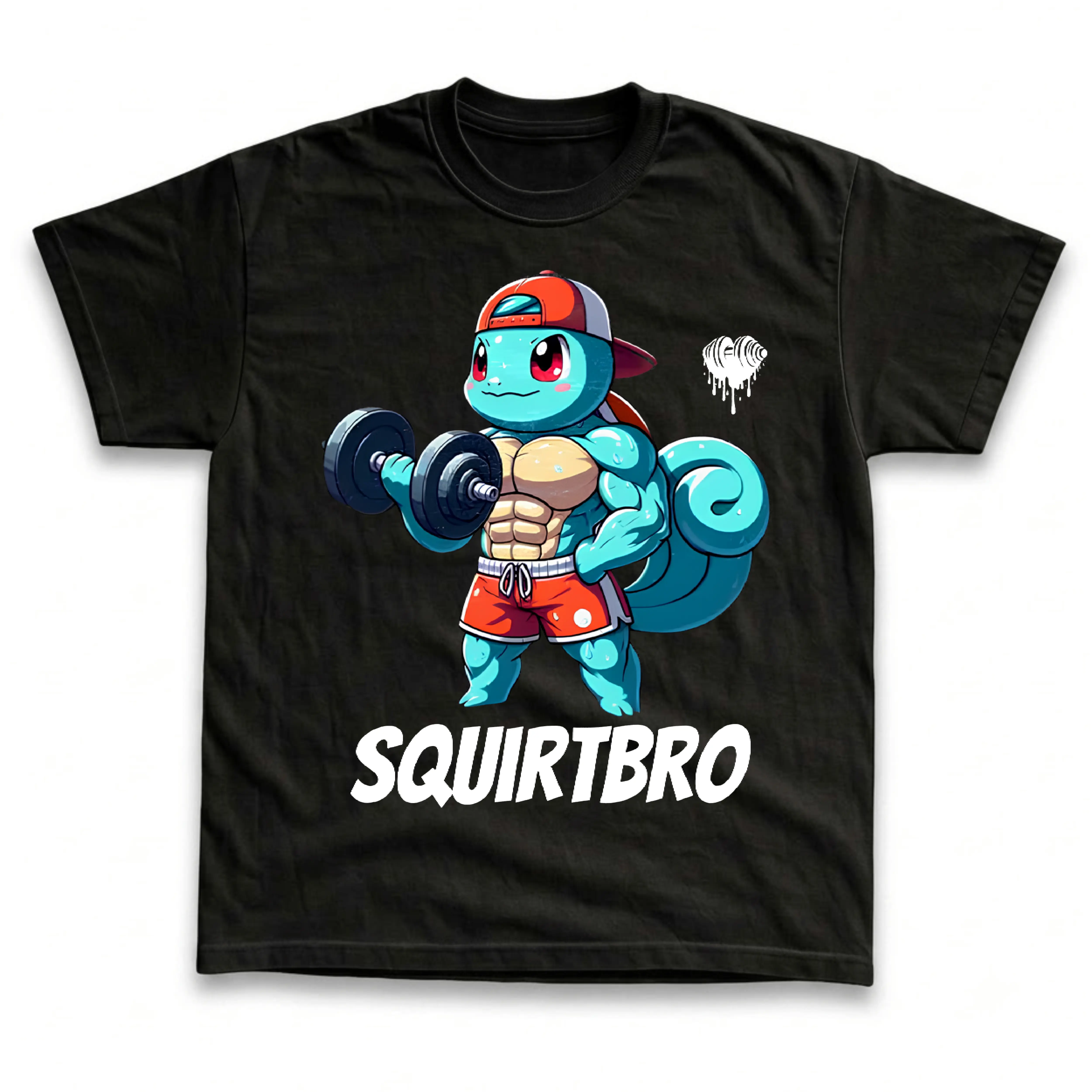 Men's and Women's T-Shirts, Vintage Squirtbro Muscular Turtle Dumbbell Gym Graphic Tee, Funny Anime Fitness Workout Parody, Retro Harajuku Streetwear Unisex Tee, Trendy Casual Crewneck Top, Cool Gym Bodybuilding Apparel, Unique Gamer Otaku Gift Idea