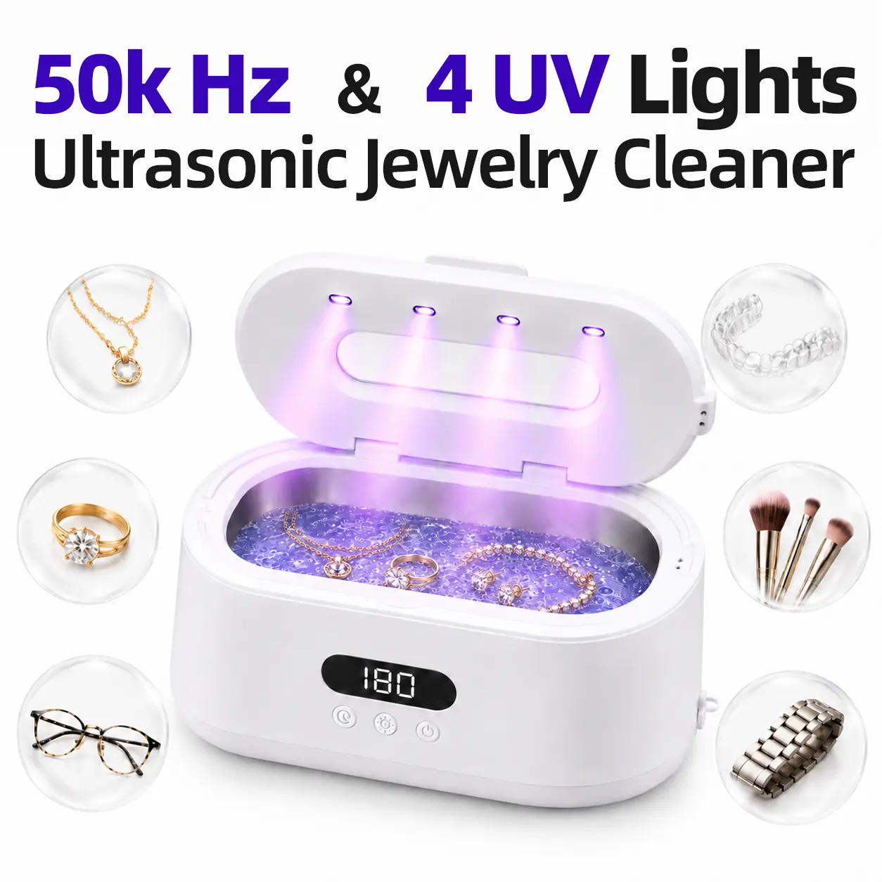 Ultrasonic Cleaner Machine, 49kHz ultrasonic jewelry cleaner, 380ML ultrasonic ring cleaner, 5 Timer Modes, for Eyeglasses, Jewelry, Retainers, Home&Travel Easy-to-Use