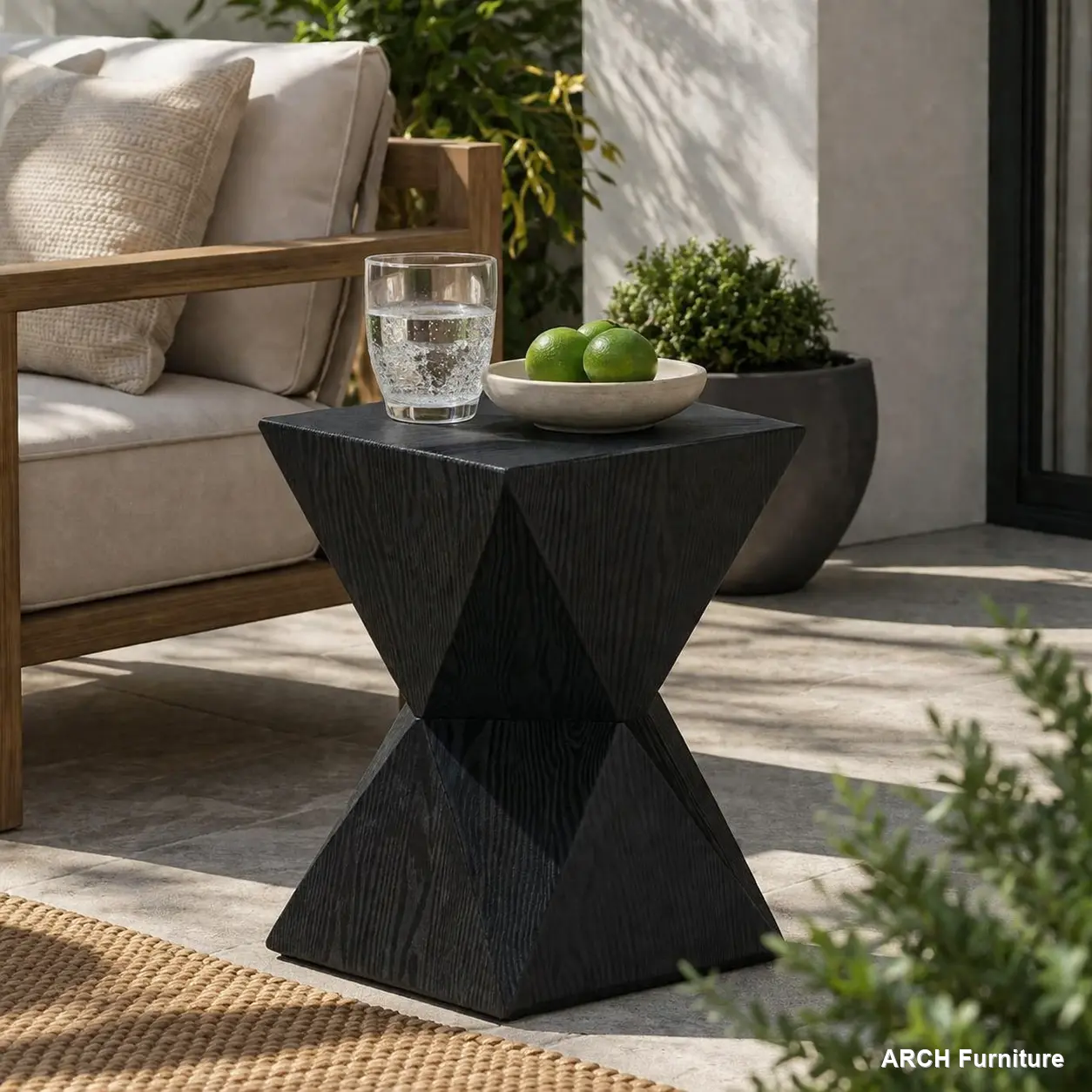 14.25in Black Hand-Painted Hourglass Prismatic Symmetry Concrete Side Table - Smooth Wood Grain Texture, Modern Shape, Lightweight Weatherproof Indoor-Outdoor Water-Resistant Outdoor Accent Table for Patio, Garden, Water-Resistant Side Tables, Indoor-Outd
