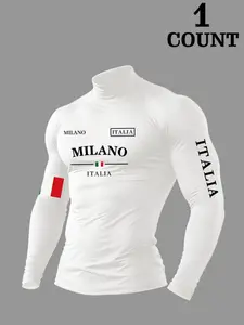 Men's Milan Italy High Neck Long Sleeve Shirt, Casual Sports Tops, Italian City Pattern Sports Top with Flag Details, Fitted Casual Style