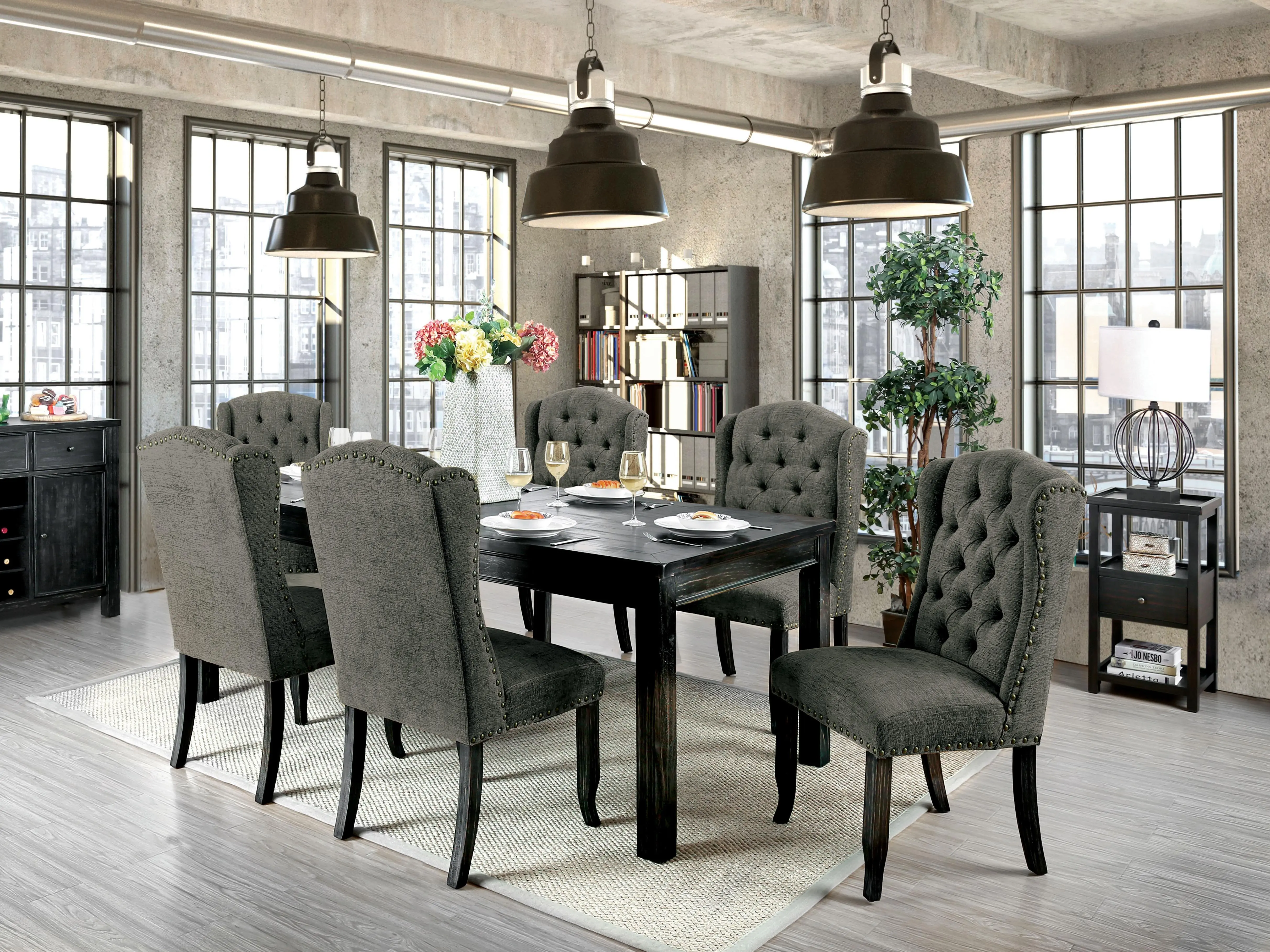 Furniture of America SANIA Rustic Wooden Dining Set - 1 Dinner Table + 8 Button Tufting Nailhead Trim Chairs (9-Piece) Indoor Furniture for Hosting Needs
