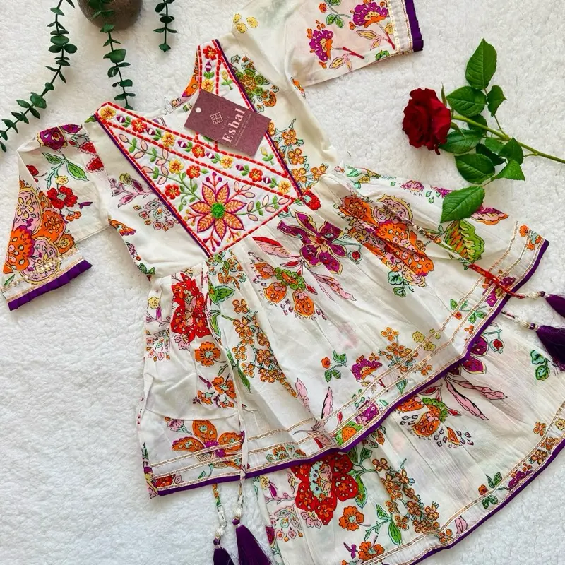 Girls' 2-Piece Breathable Cotton Gharara Pants & Top Set