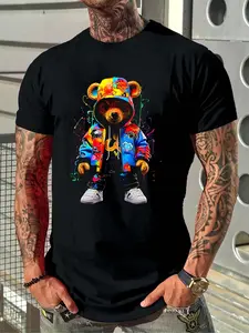 Men's Cartoon Bear Print Round Neck Jersey Tee, Regular Fit Casual Street Fashion Short Sleeve Crew Neck T-shirt for Summer, Fashion Men's Top for Daily Wear