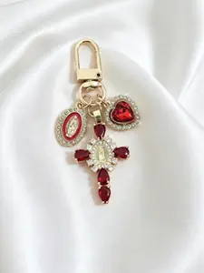 1PC Rose Gold Virgin Mary Medallion Cross Keychain, Heart Crystal Charms, Perfect Religious Gift for Confirmation, Communion & Holidays