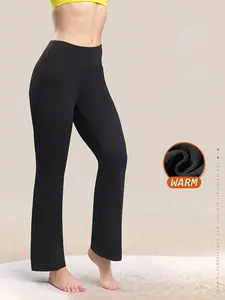 Women's High-Waisted Fleece-Lined Flare Leg Pants - Solid Color Quick-Dry Knit Trousers with Side Pockets, High Stretch