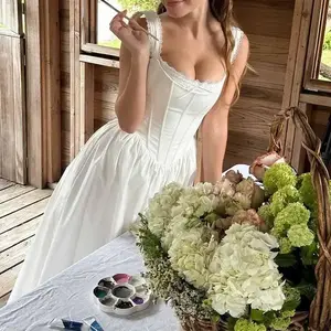 2026 Women's Summer New Socialite Style White Lace Square Neck High Waist Princess Dress Long Dress