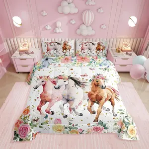 Western Horse Comforter Set for Girls,Retro Pink Cowgirl Horses Bedding Set for Kids Teen,Country Rustic Farmhouse Quilt Soft Comfy Light Weight