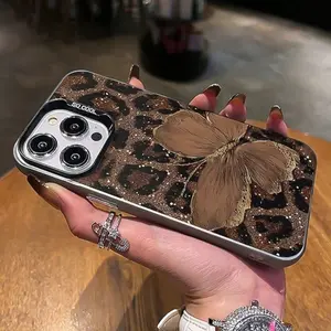 Butterfly Leopard Luxury Metal Phone Case Protector, Shockproof Material, Fits iPhone 15 Pro Max, 14, 13, 12, Random Print Design