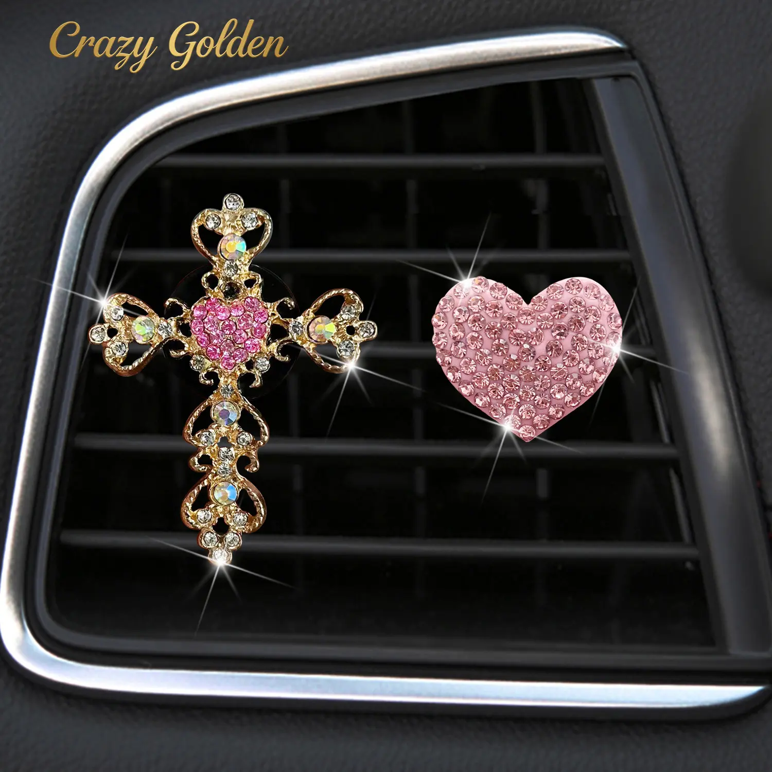 New Rhinestone Heart & Cross Air Vent Perfume Clip — Gold Rhinestone Cross Car Air Conditioner Decoration