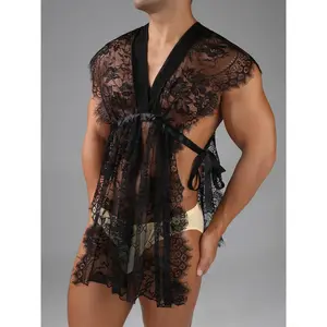Men's Lace Trim Robe - Deep V-Nightwear for Relaxed Home Comfort & Stylish Lounging